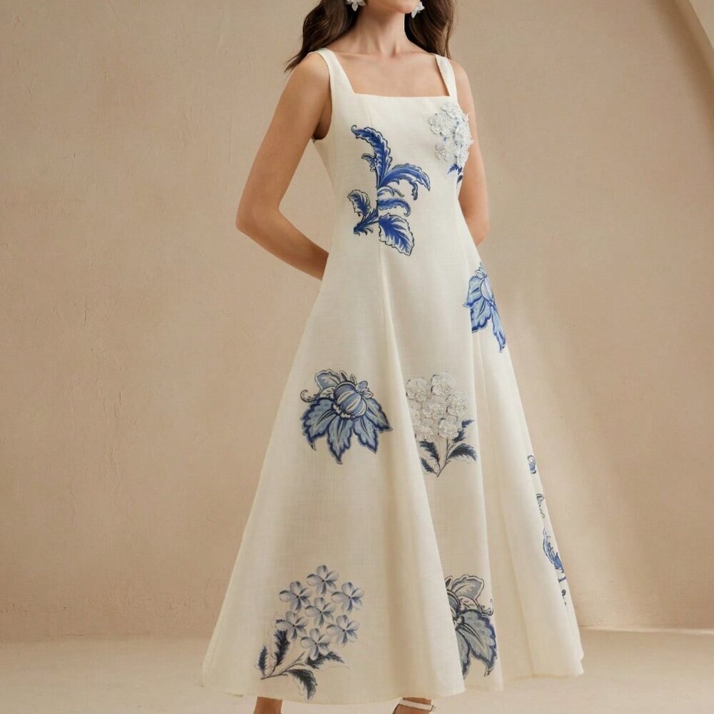 Multicolor Elegant Women's Floral Maxi Slip Dress with 3D Flowers - Picture 3 of 7